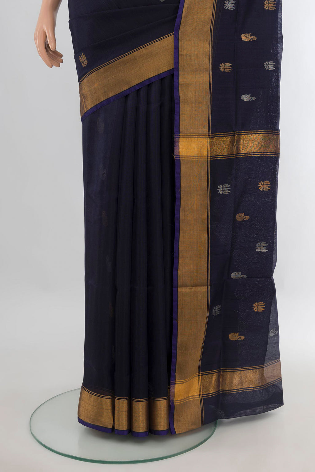 Pleats and pallu of Pure Silk Navy Blue Uppada Saree with Zari Butta on the body and Zari Border. 