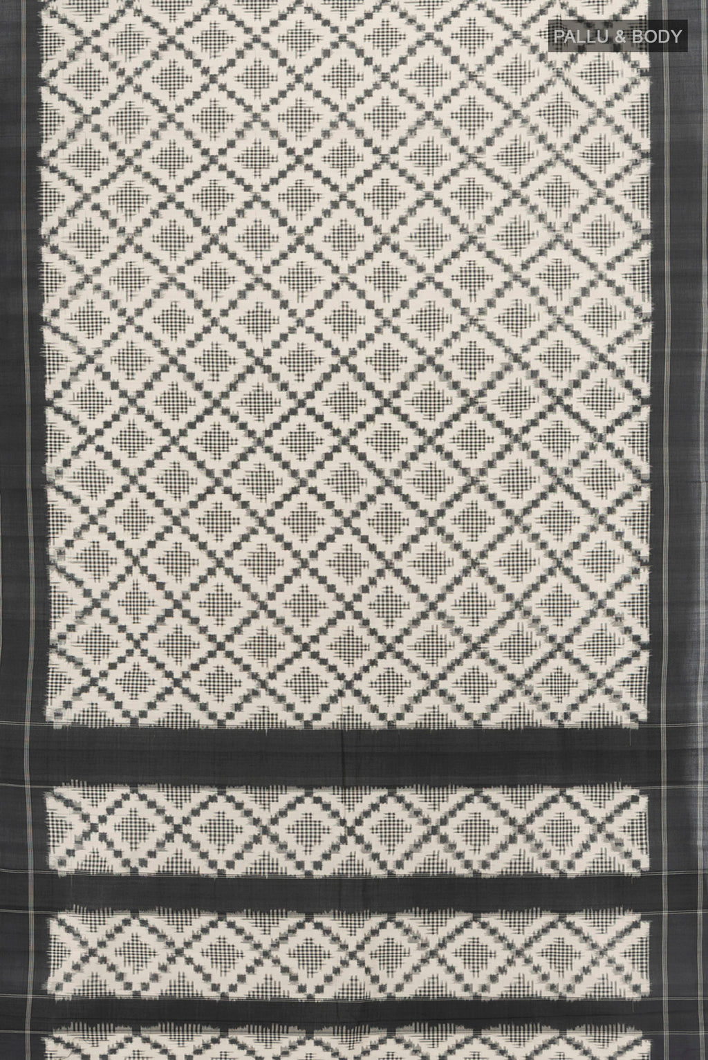 Flat view of Off White Pochampally Cotton Saree with Ikat design on the body and Plain Border. 