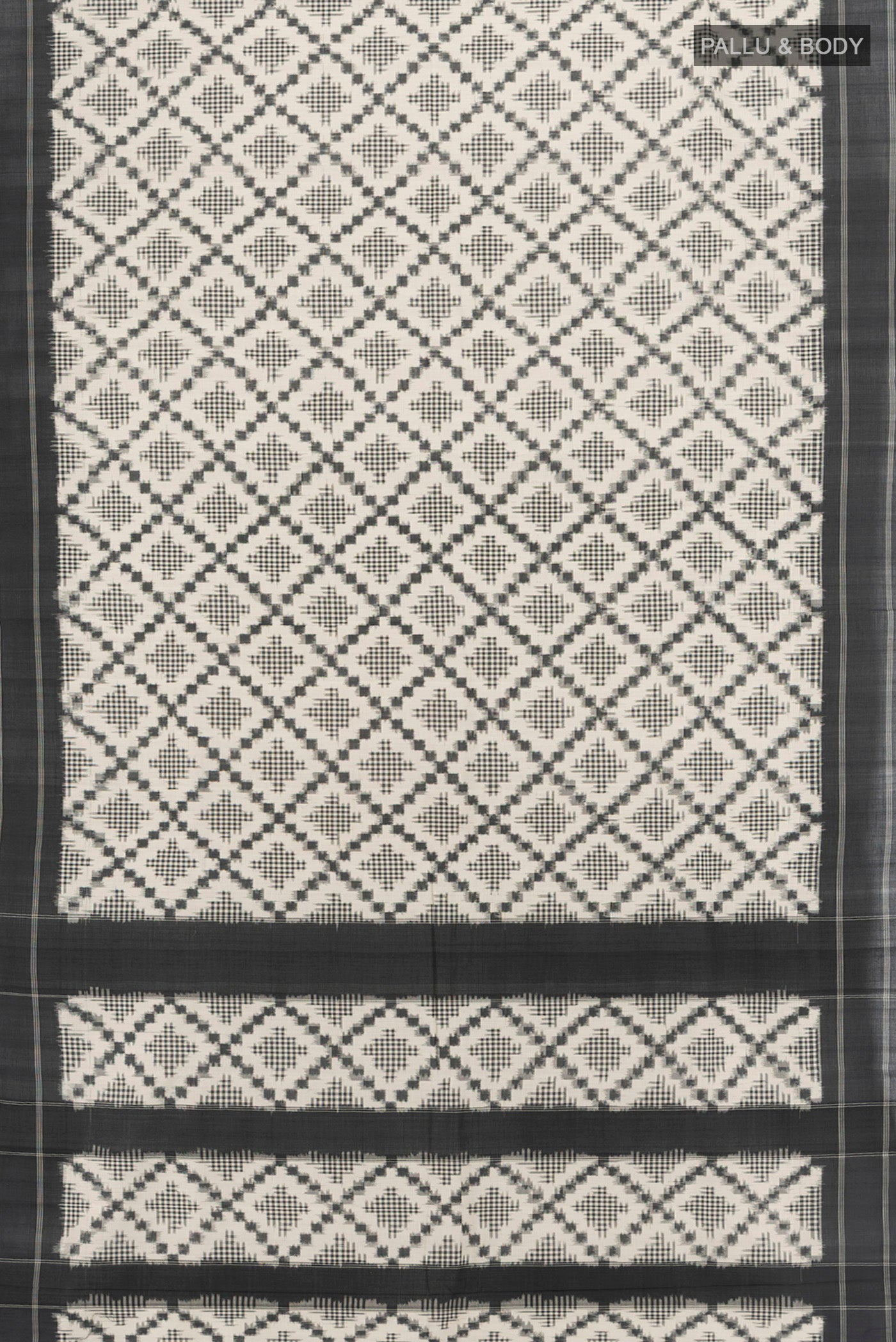 Flat view of Off White Pochampally Cotton Saree with Ikat design on the body and Plain Border. 