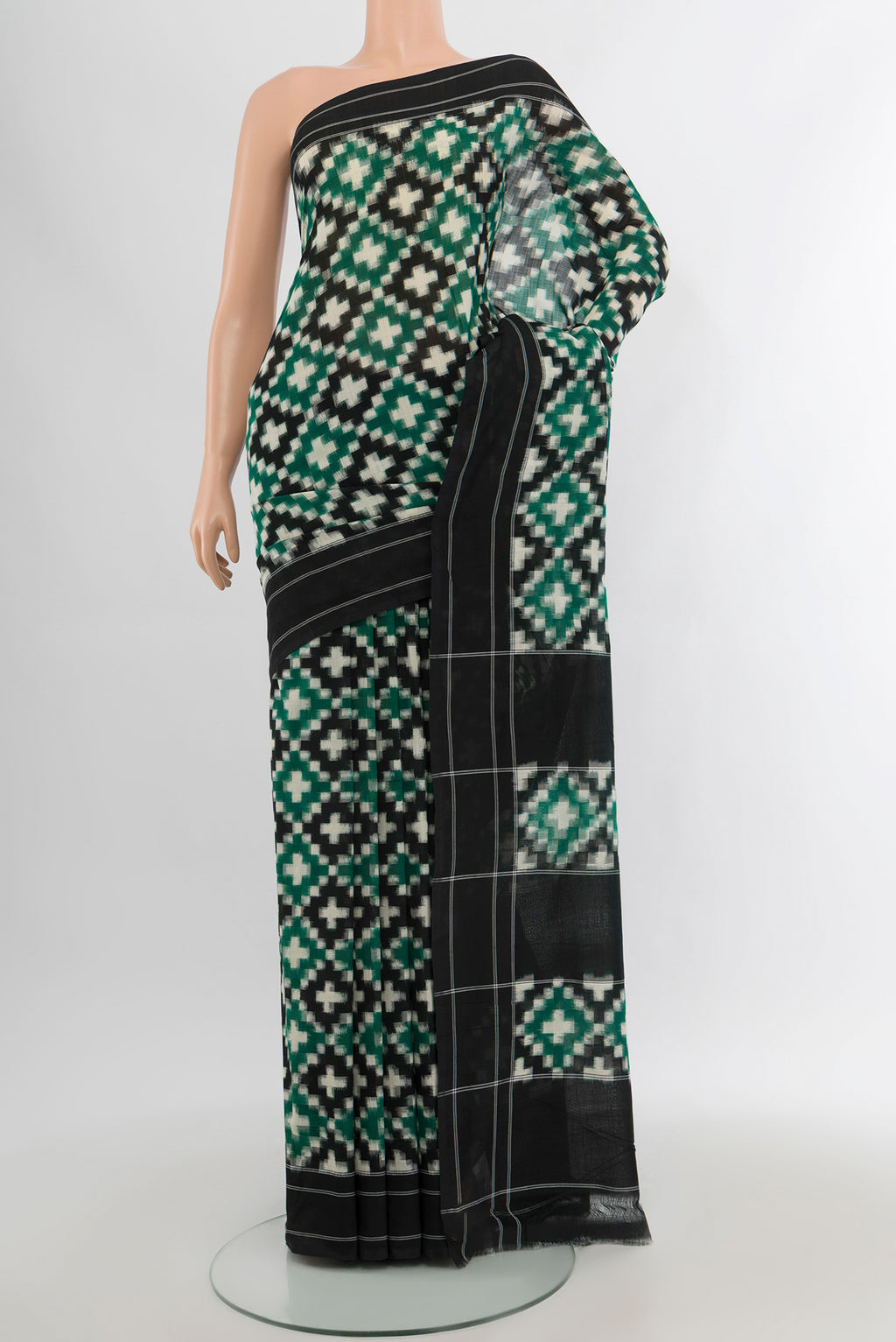 Multi Color Pochampally Cotton Saree with Ikat design on the body and Plain Border.  displayed on a mannequin