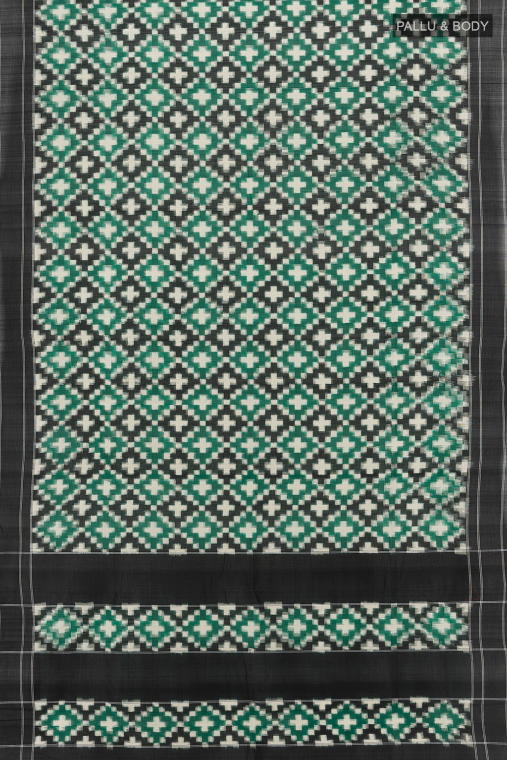 Flat view of Multi Color Pochampally Cotton Saree with Ikat design on the body and Plain Border. 