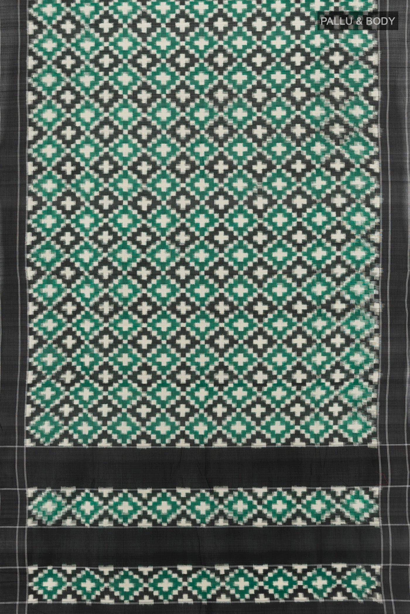 Flat view of Multi Color Pochampally Cotton Saree with Ikat design on the body and Plain Border. 