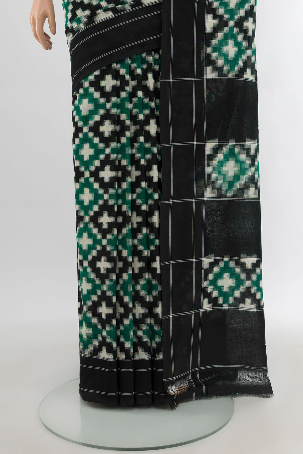 Pleats and pallu of Multi Color Pochampally Cotton Saree with Ikat design on the body and Plain Border. 