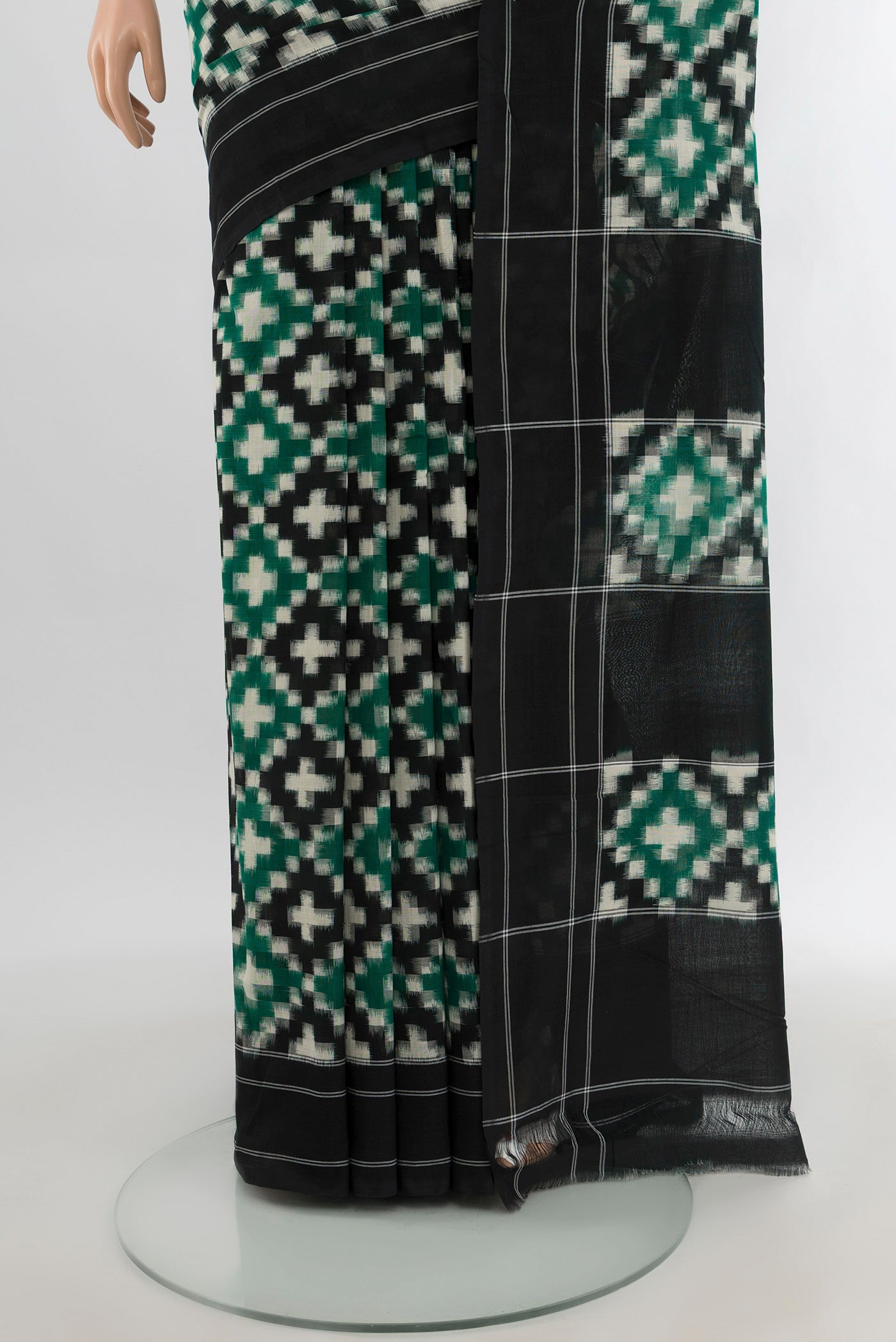Pleats and pallu of Multi Color Pochampally Cotton Saree with Ikat design on the body and Plain Border. 