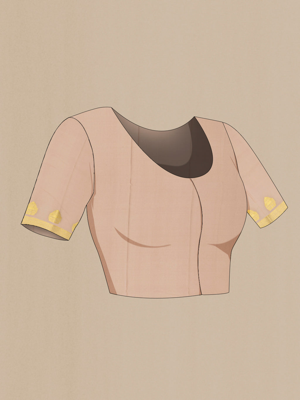 Close up image of the blouse of Rose Gold Mysore Crepe Saree with Zari Butta on the body and Zari Border. 