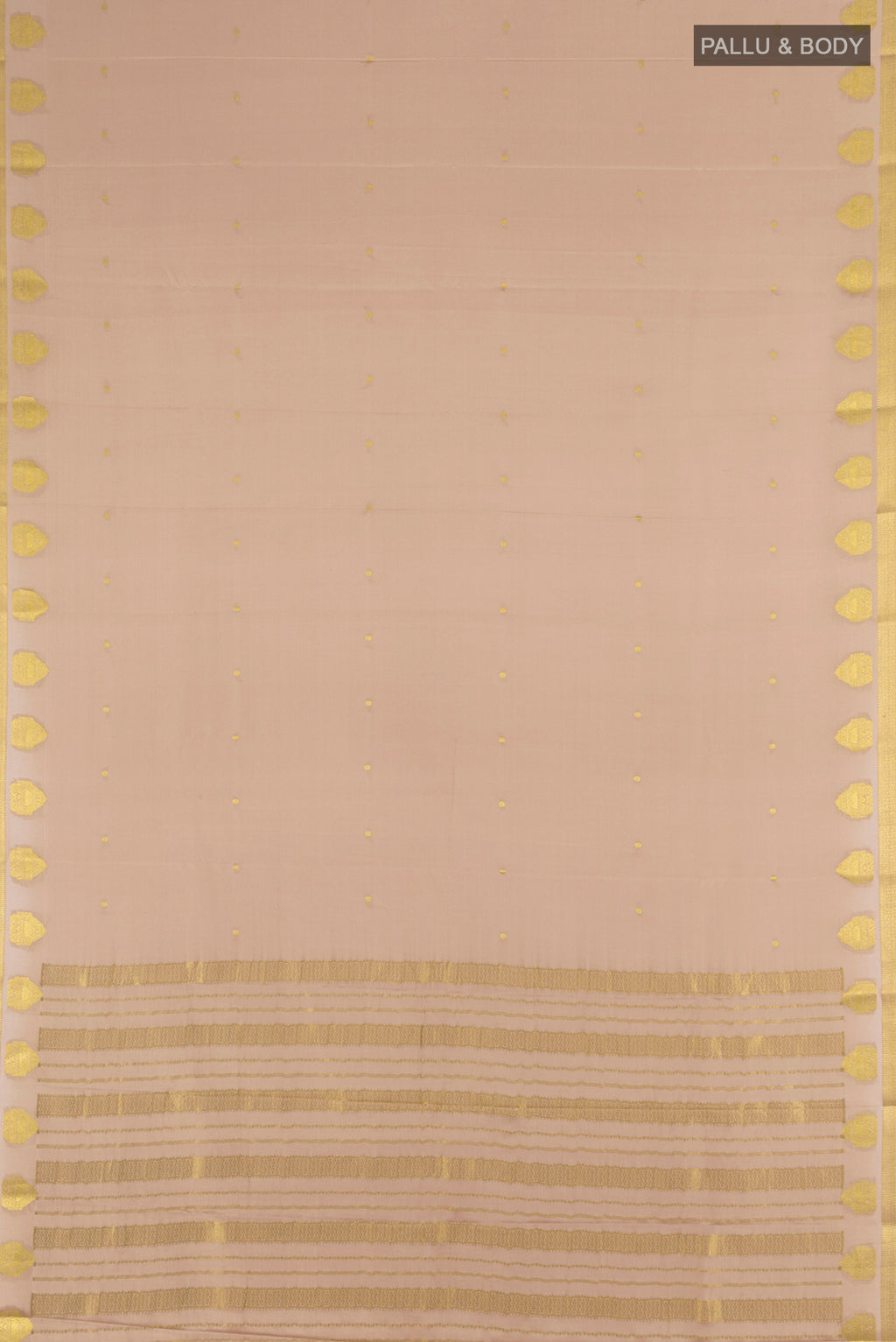 Flat view of Rose Gold Mysore Crepe Saree with Zari Butta on the body and Zari Border. 
