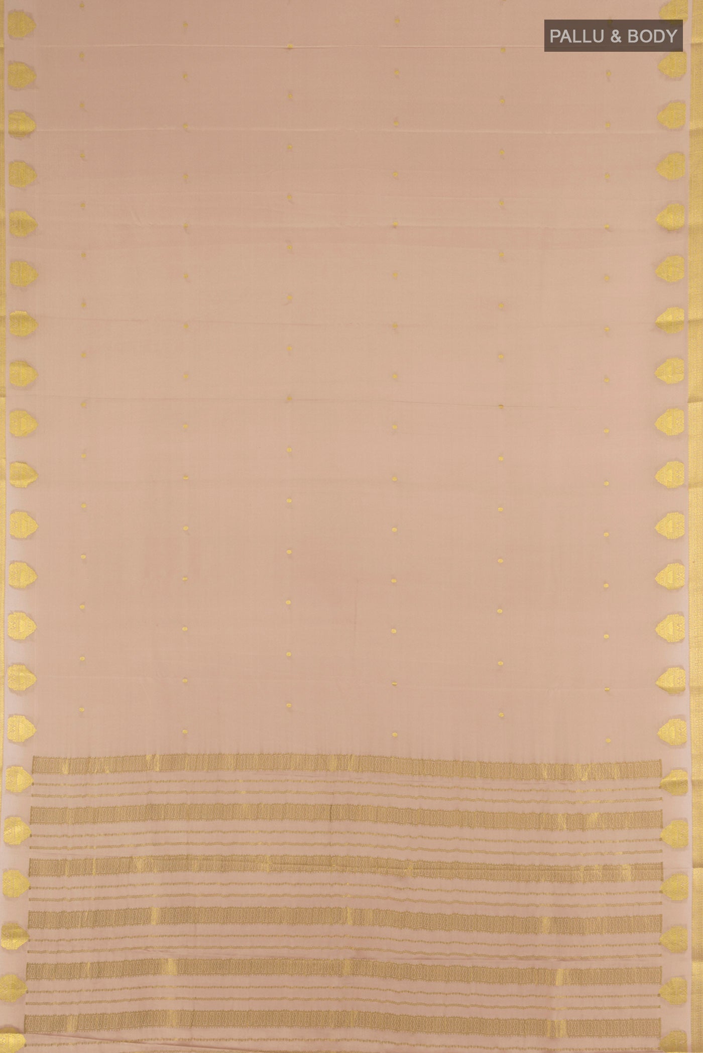 Flat view of Rose Gold Mysore Crepe Saree with Zari Butta on the body and Zari Border. 