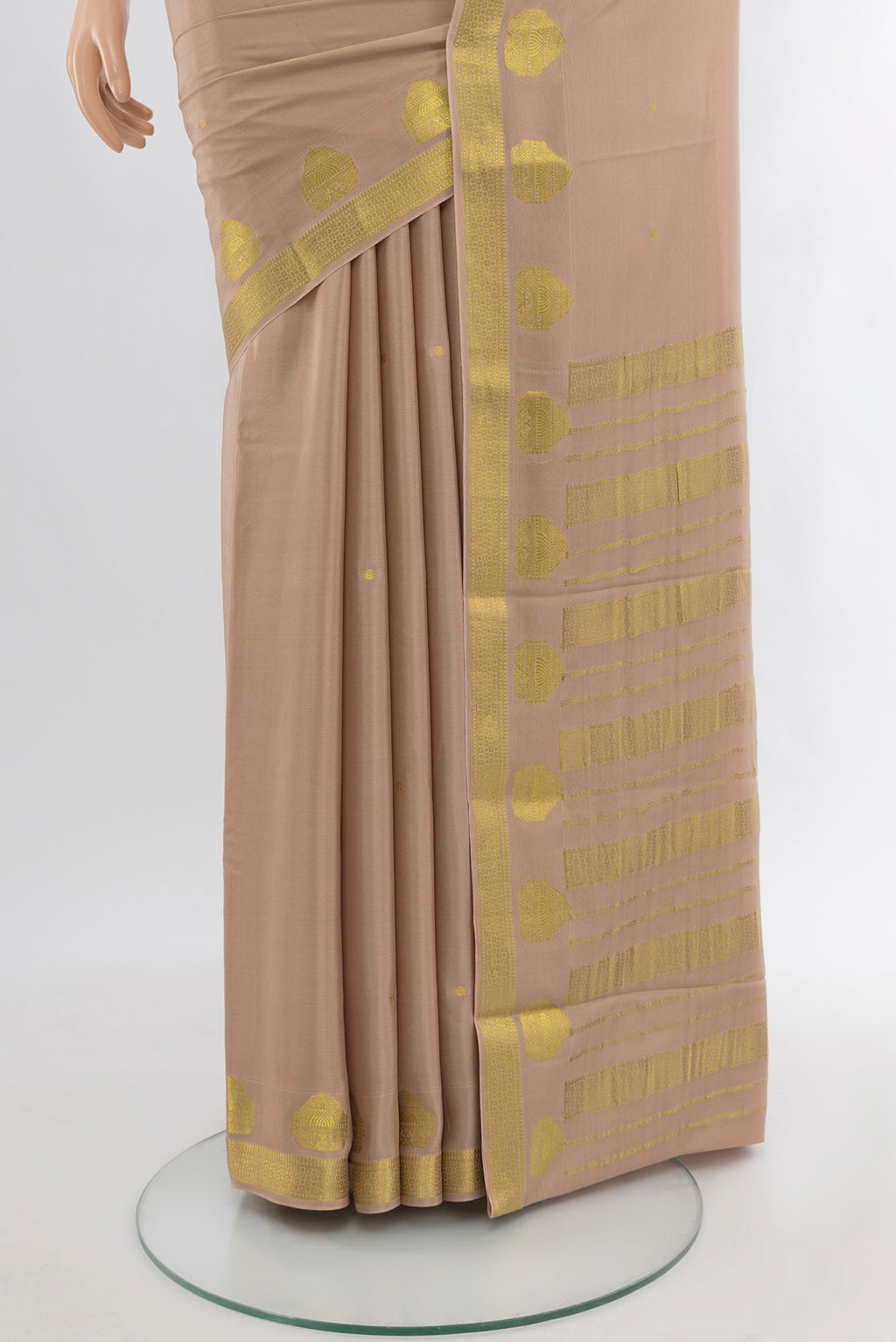 Pleats and pallu of Rose Gold Mysore Crepe Saree with Zari Butta on the body and Zari Border. 