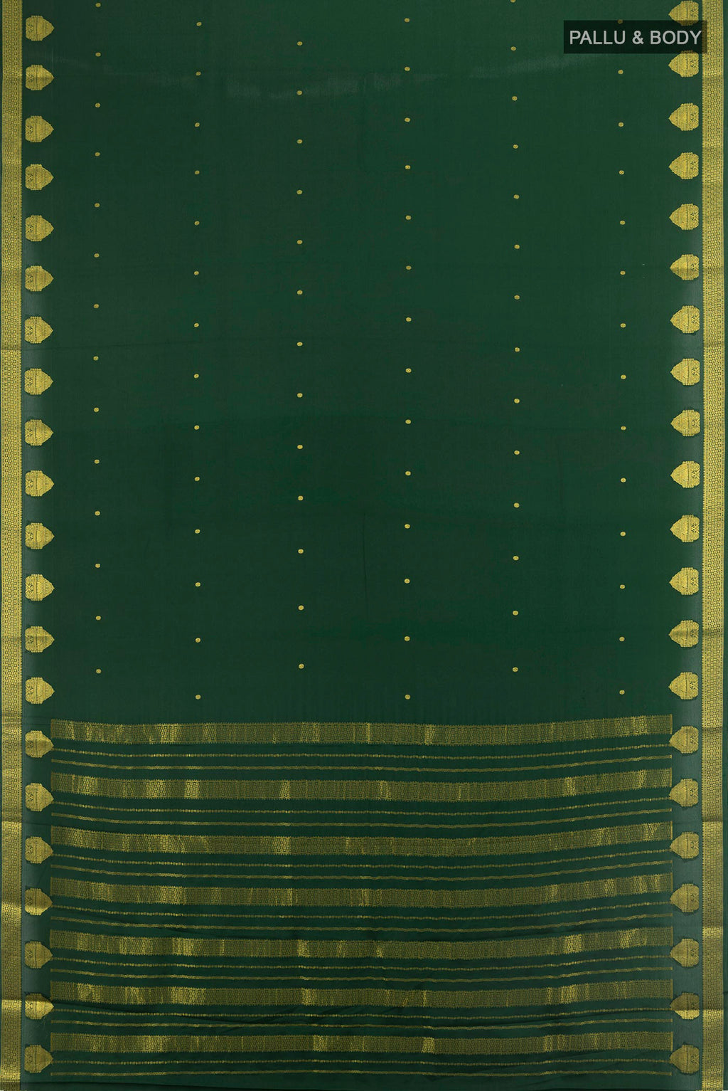 Flat view of Bottle Green Mysore Crepe Saree with Zari Butta on the body and Zari Border. 