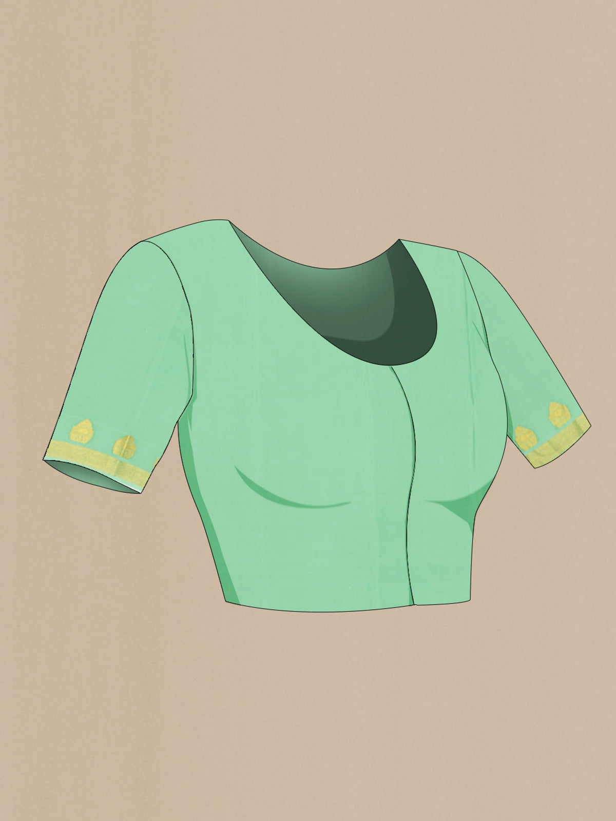 Close up image of the blouse of Pista Green Mysore Crepe Saree with Zari Butta on the body and Zari Border. 