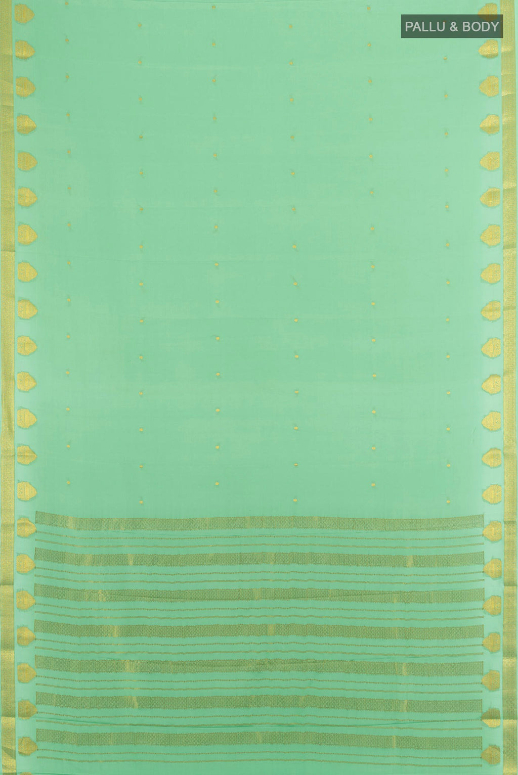 Flat view of Pista Green Mysore Crepe Saree with Zari Butta on the body and Zari Border. 