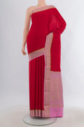 Red Mysore Crepe Saree with Plain Body and Zari Border.  displayed on a mannequin