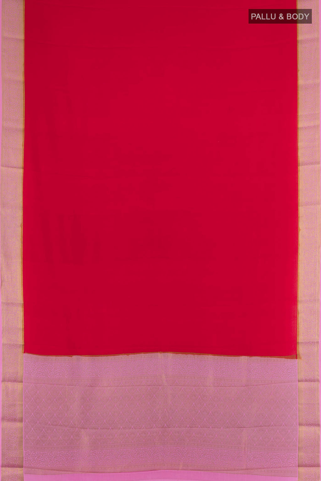 Flat view of Red Mysore Crepe Saree with Plain Body and Zari Border. 