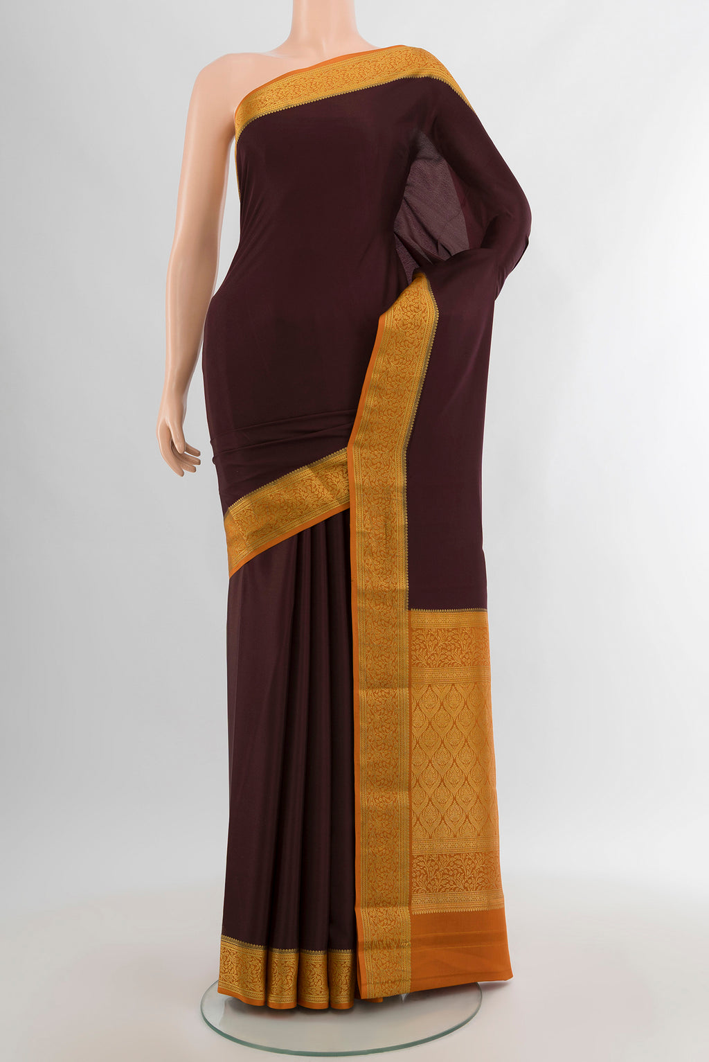 Coffee Brown Mysore Crepe Saree with Plain Body and Zari Border.  displayed on a mannequin