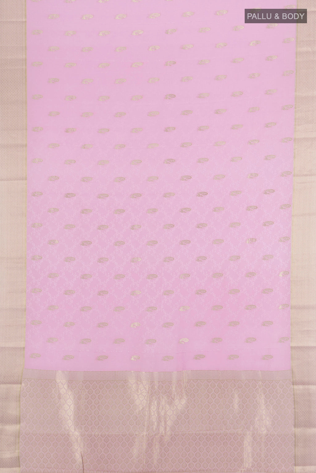 Flat view of Rose pink Mysore Crepe Saree with Jacquard With Zari Butta on the body and Zari Border. 