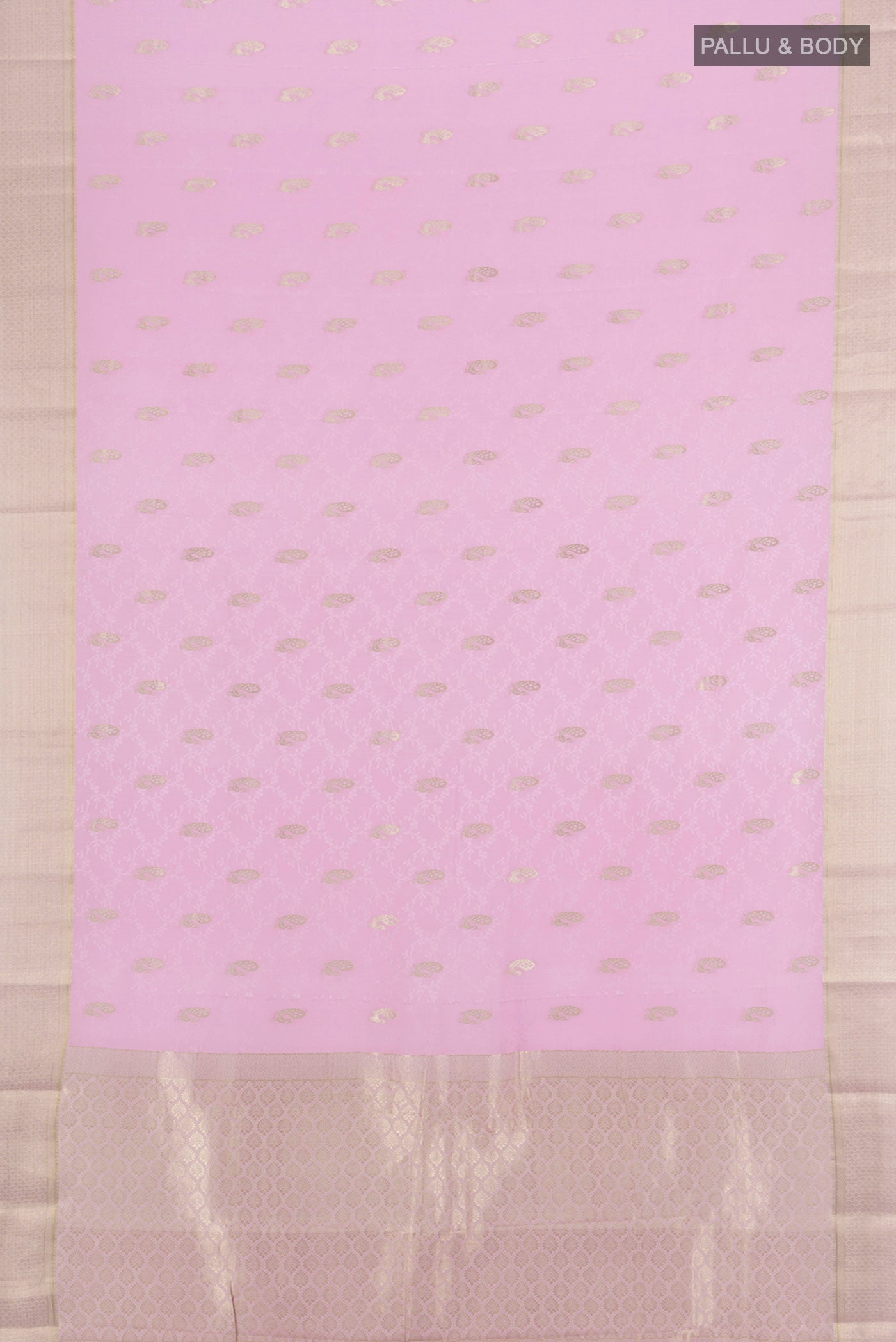 Flat view of Rose pink Mysore Crepe Saree with Jacquard With Zari Butta on the body and Zari Border. 