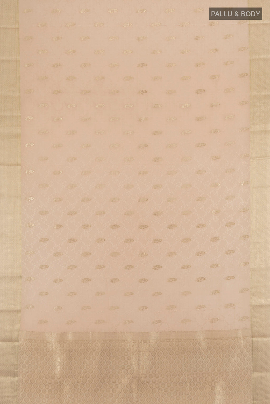 Flat view of Beige Mysore Crepe Saree with Jacquard With Zari Butta on the body and Zari Border. 