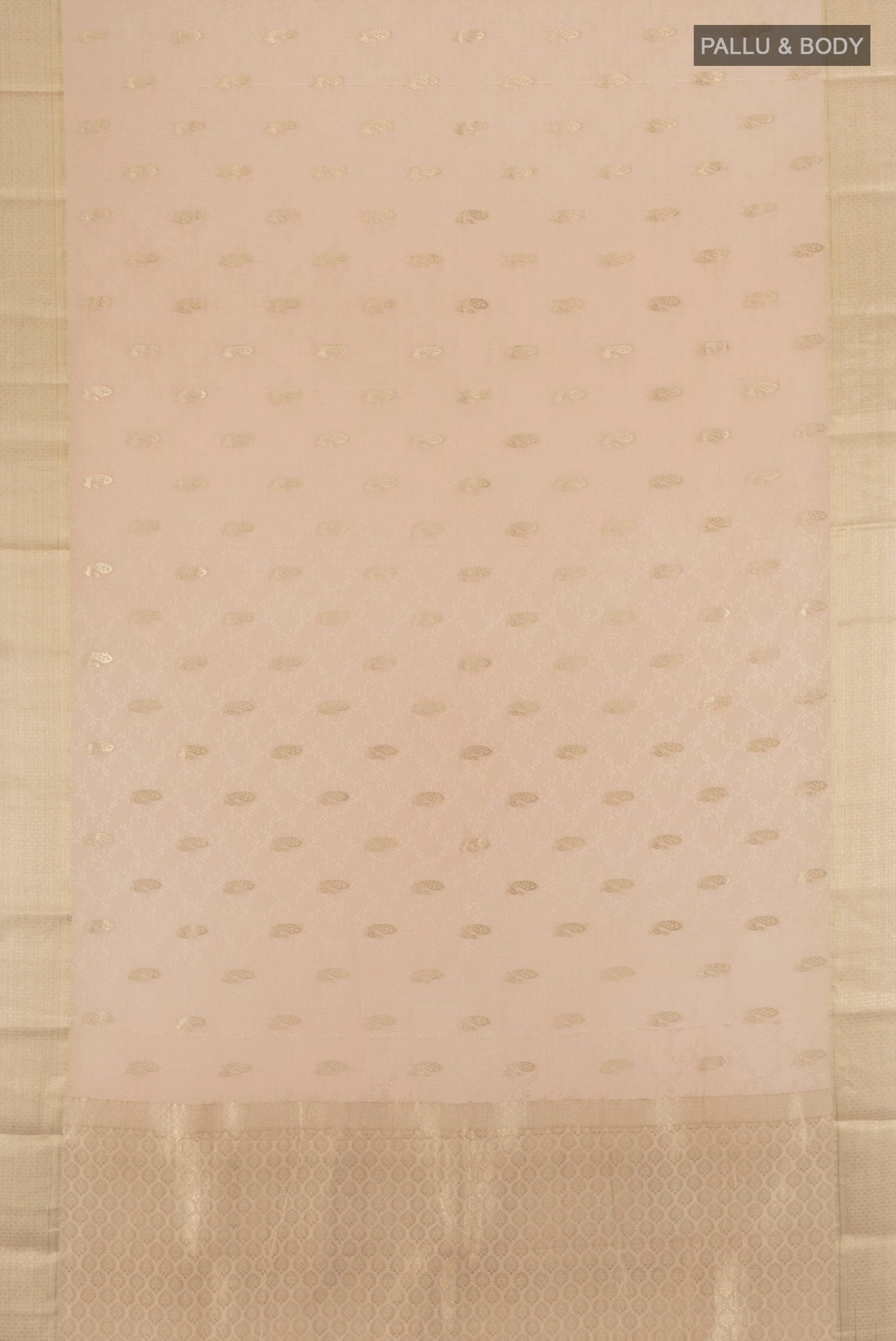 Flat view of Beige Mysore Crepe Saree with Jacquard With Zari Butta on the body and Zari Border. 