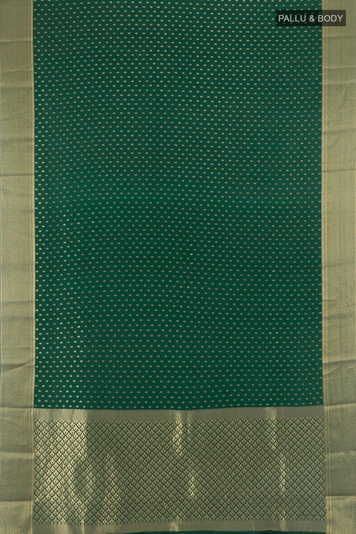 Flat view of Green Mysore Crepe Saree with Zari Butta on the body and Zari Border. 