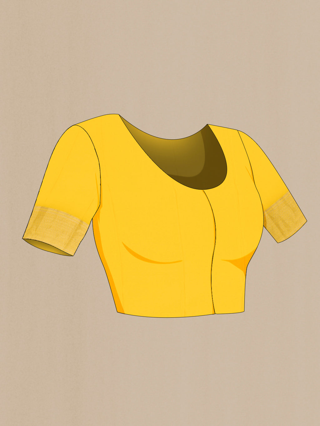 Close up image of the blouse of Yellow Mysore Crepe Saree with Zari Butta on the body and Zari Border. 