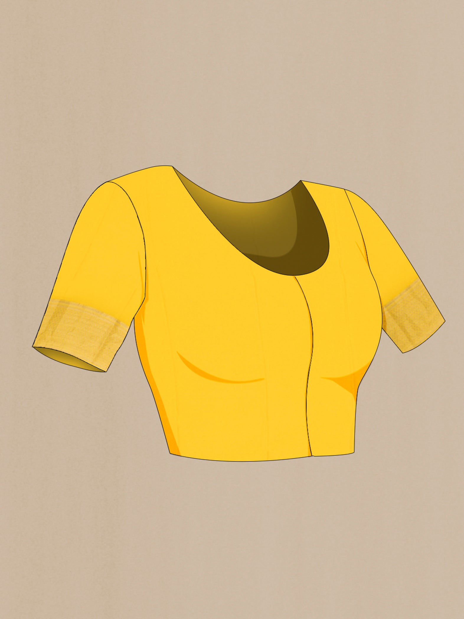 Close up image of the blouse of Yellow Mysore Crepe Saree with Zari Butta on the body and Zari Border. 