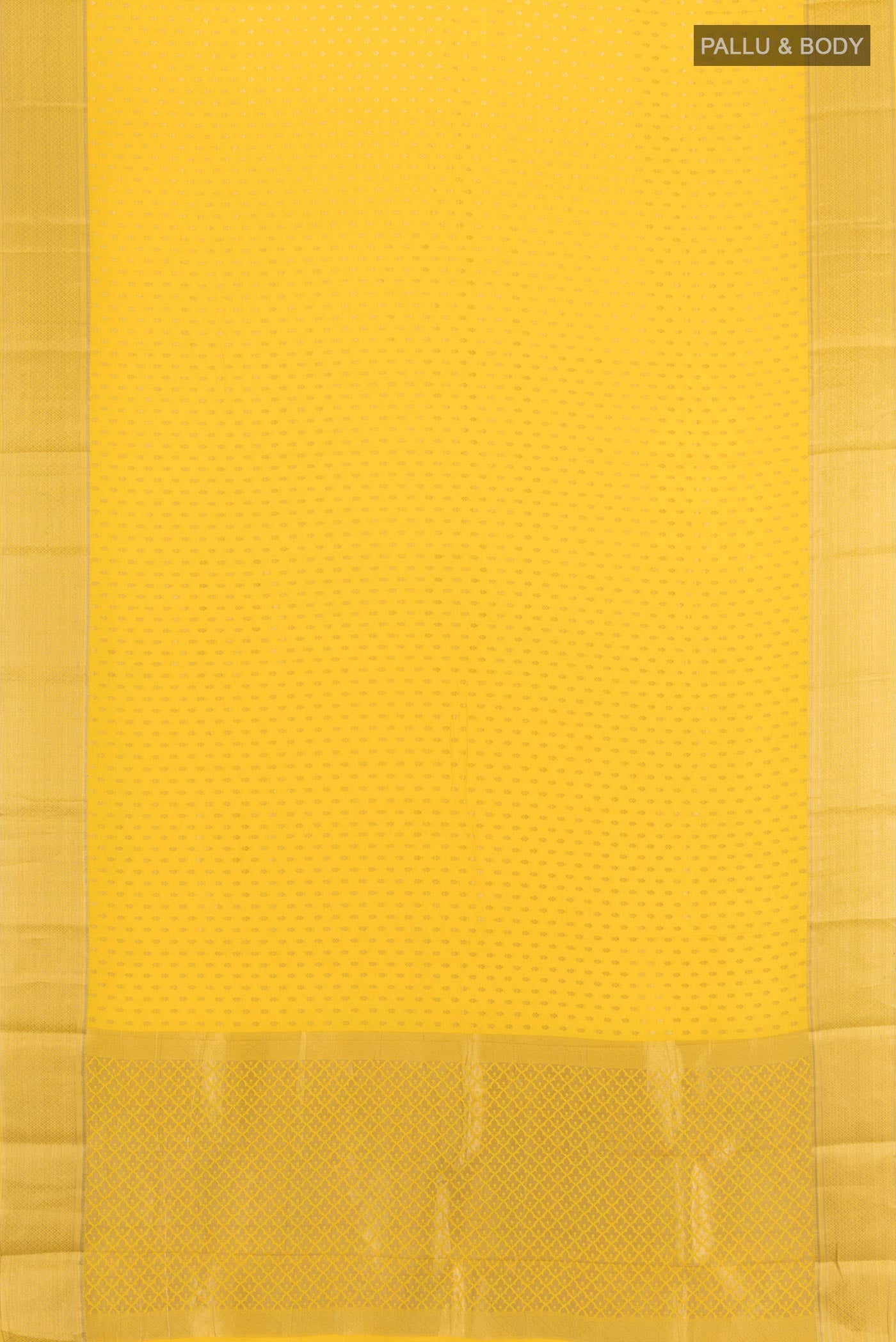 Flat view of Yellow Mysore Crepe Saree with Zari Butta on the body and Zari Border. 