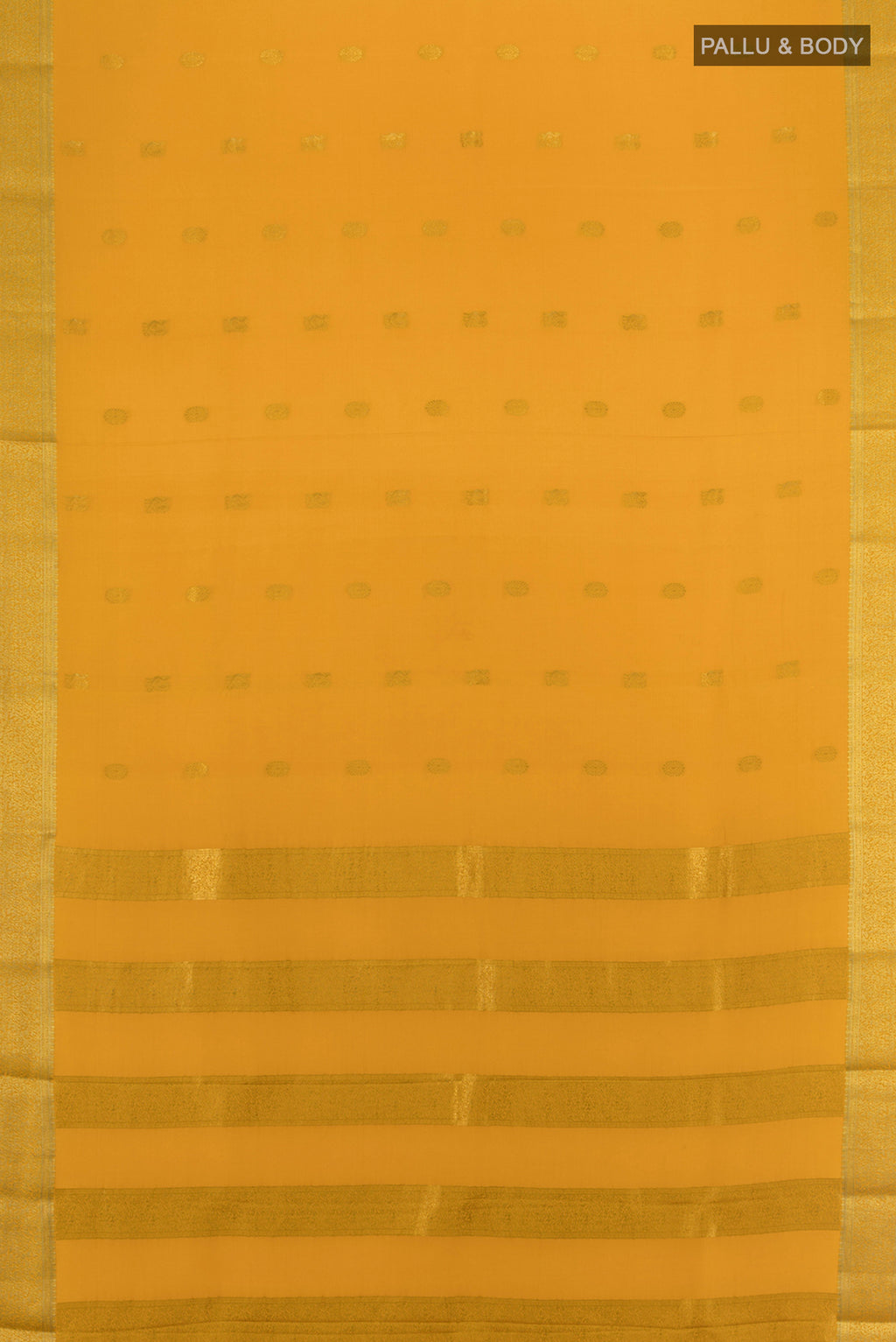 Flat view of Mustard Mysore Crepe Saree with Zari Butta on the body and Zari Border. 