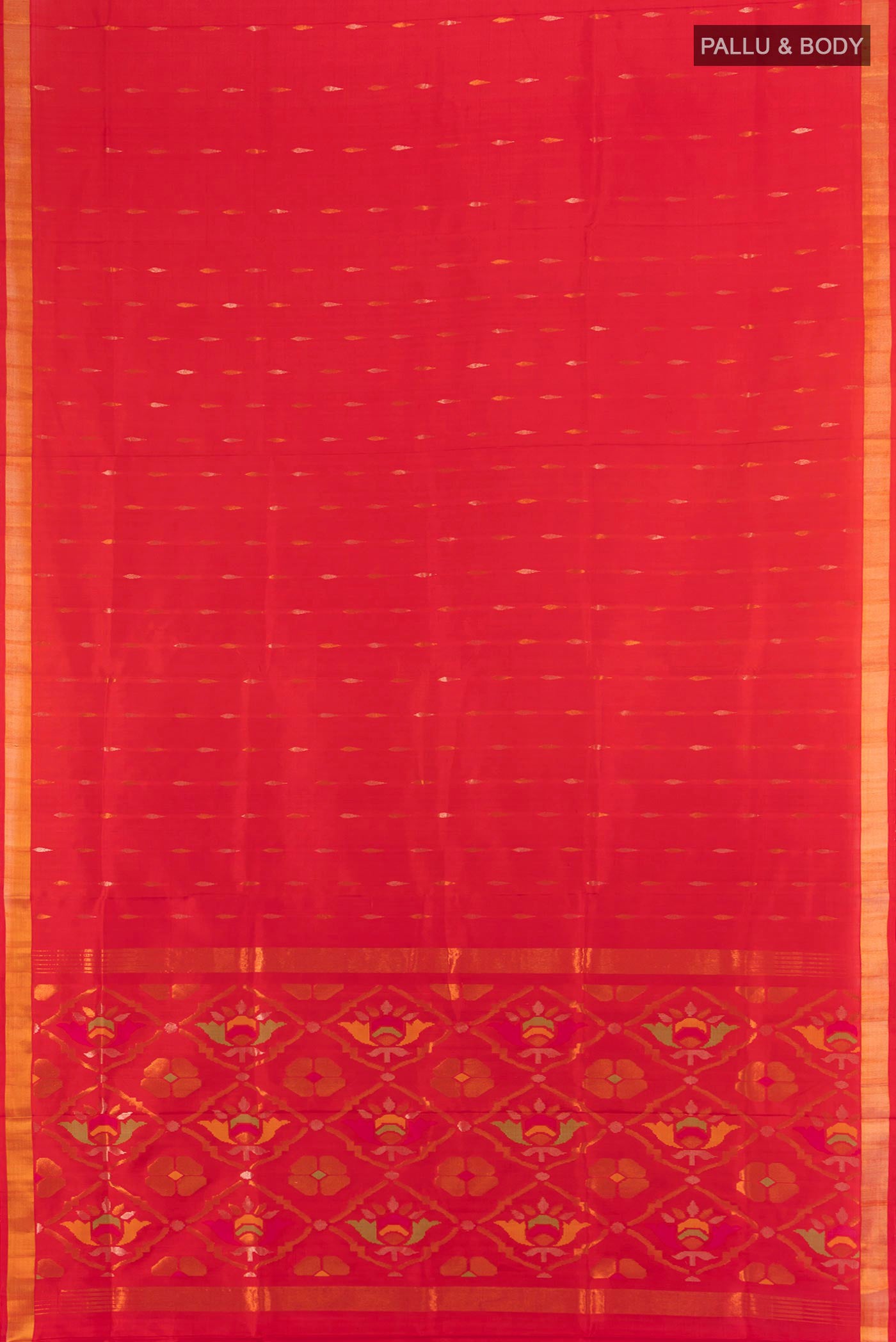 Flat view of Red Uppada Silk Saree with Zari Butta on the body and Fancy Border. 