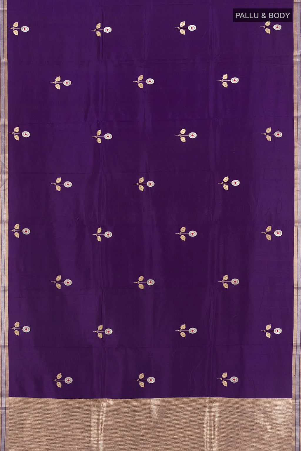 Flat view of Violet Banarasi Katan Silk Saree with Zari Butta on the body and Zari Border. 