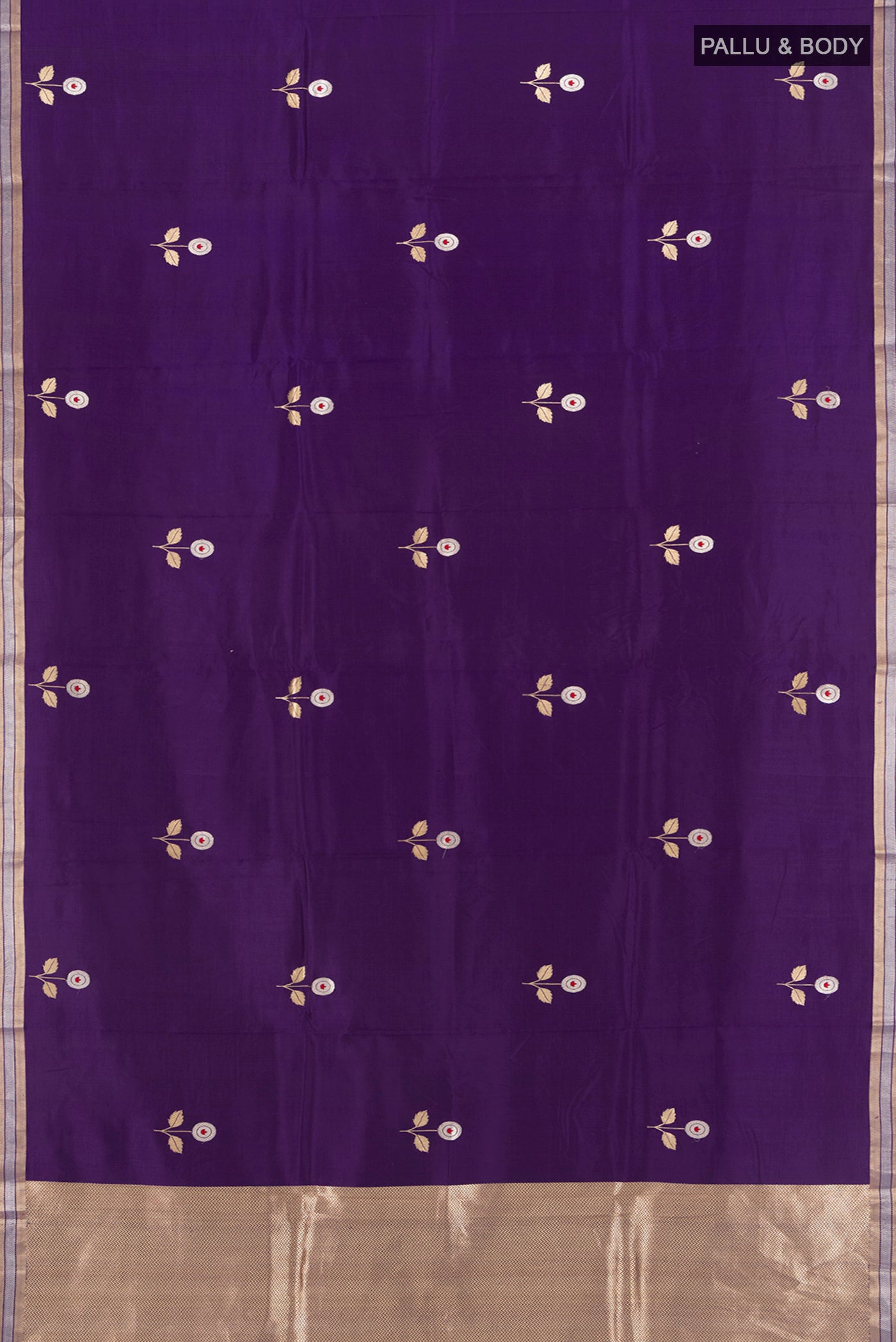 Flat view of Violet Banarasi Katan Silk Saree with Zari Butta on the body and Zari Border. 