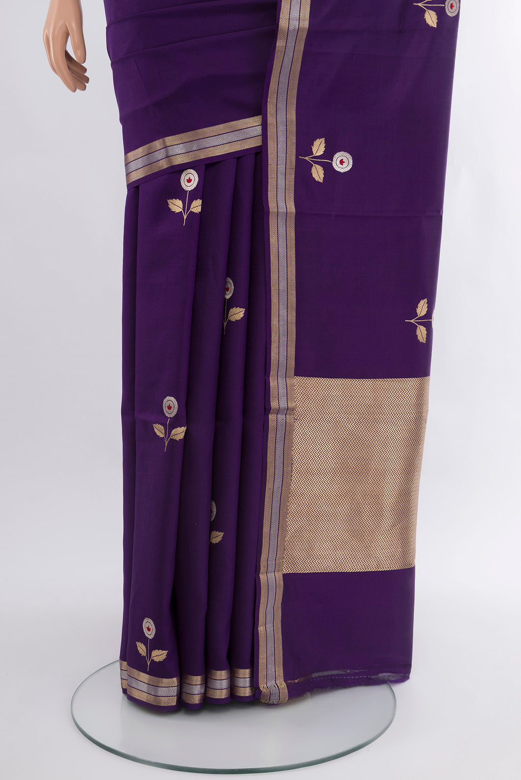 Pleats and pallu of Violet Banarasi Katan Silk Saree with Zari Butta on the body and Zari Border. 