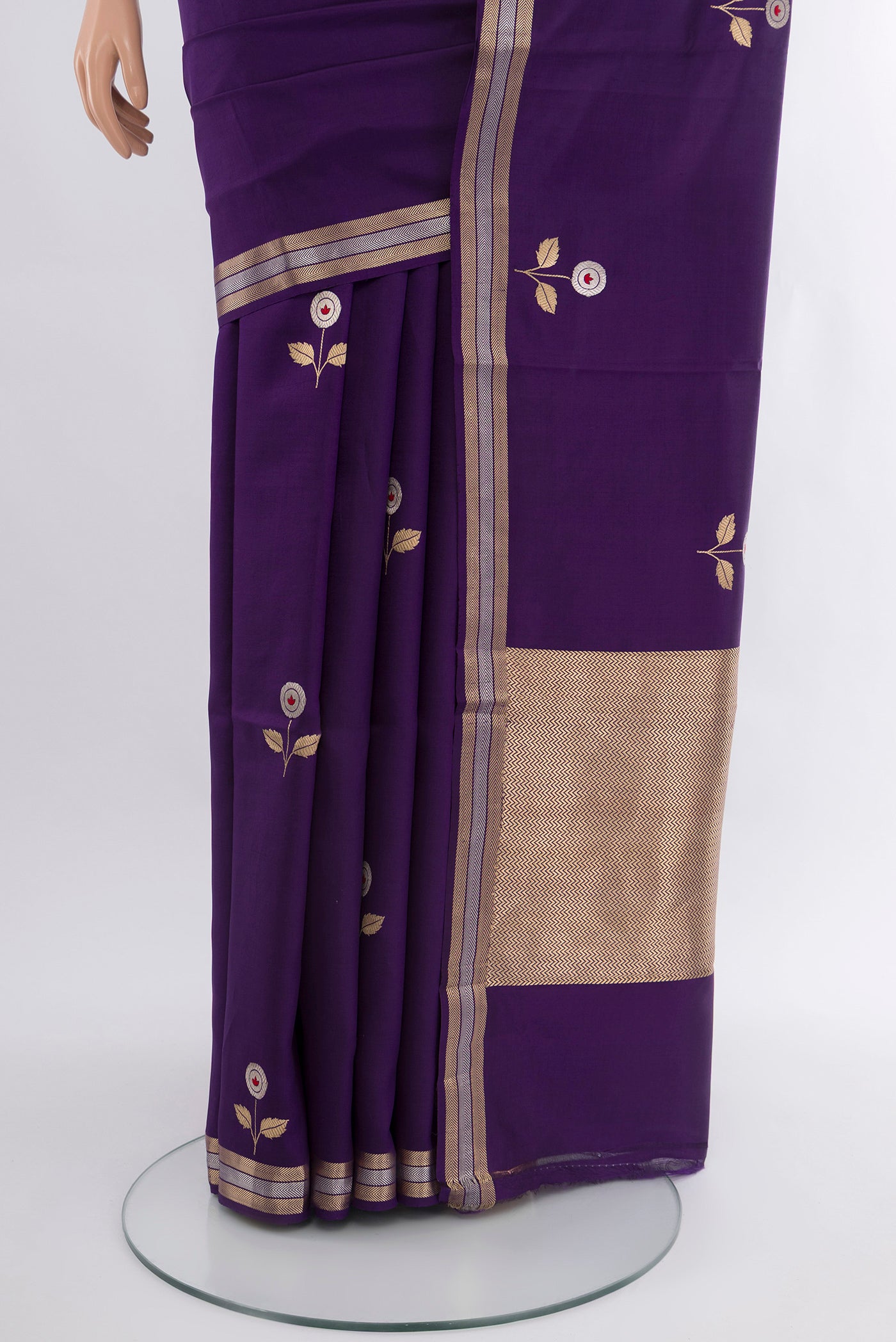 Pleats and pallu of Violet Banarasi Katan Silk Saree with Zari Butta on the body and Zari Border. 