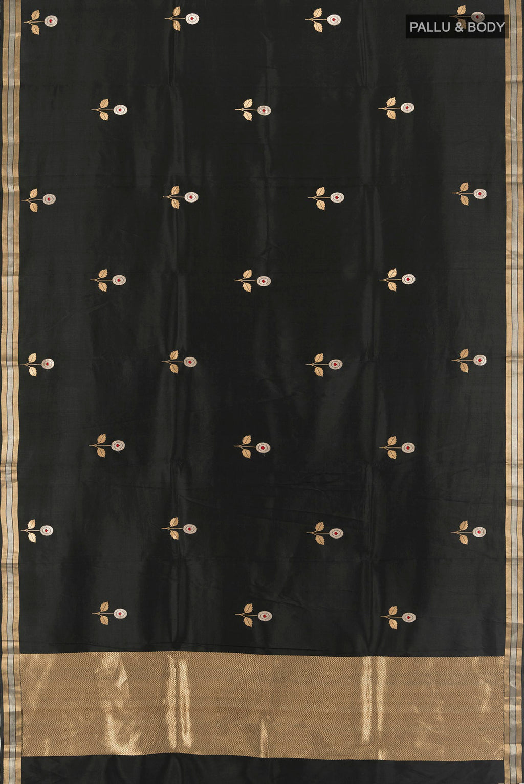 Flat view of Black Banarasi Katan Silk Saree with Zari Butta on the body and Zari Border. 