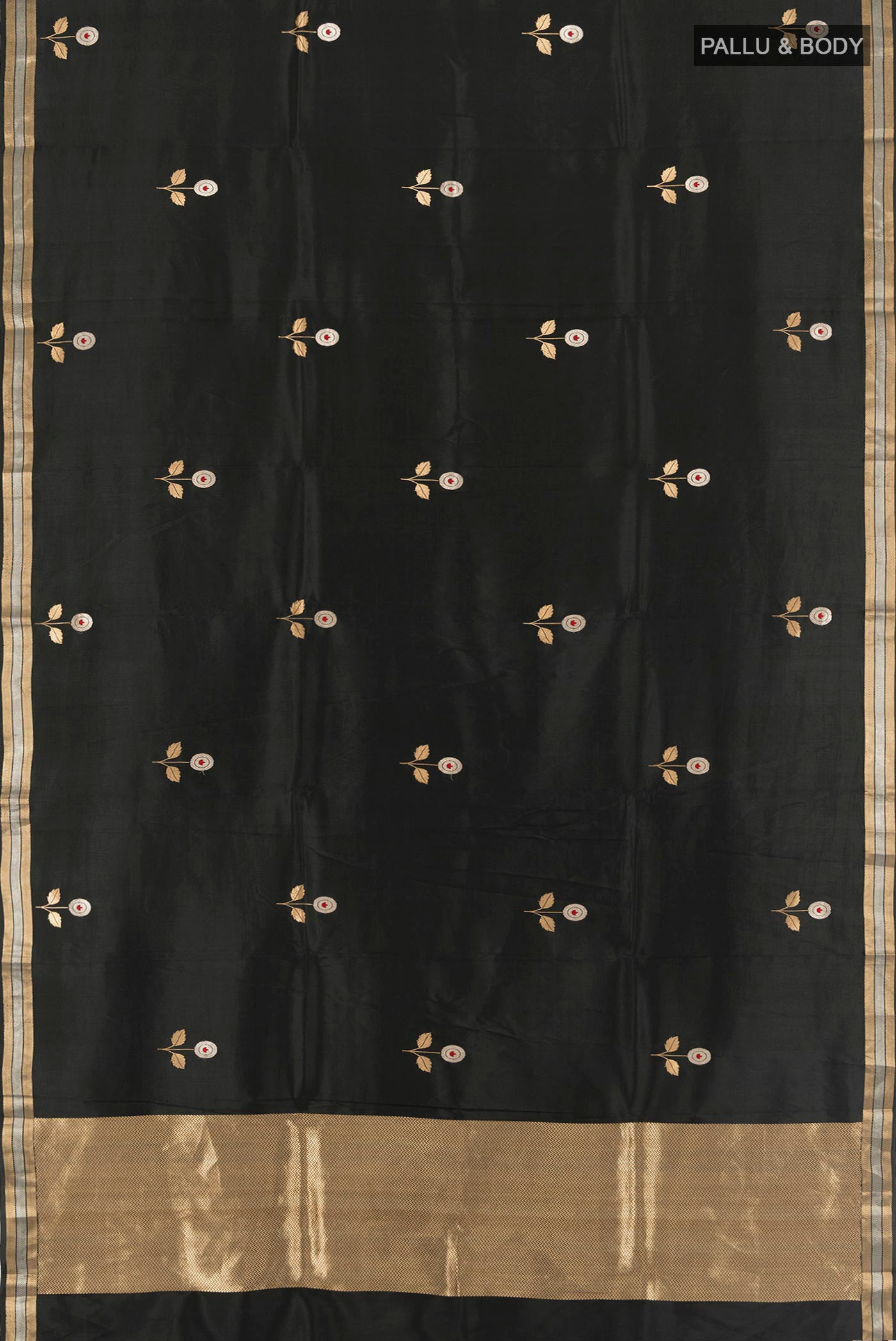 Flat view of Black Banarasi Katan Silk Saree with Zari Butta on the body and Zari Border. 