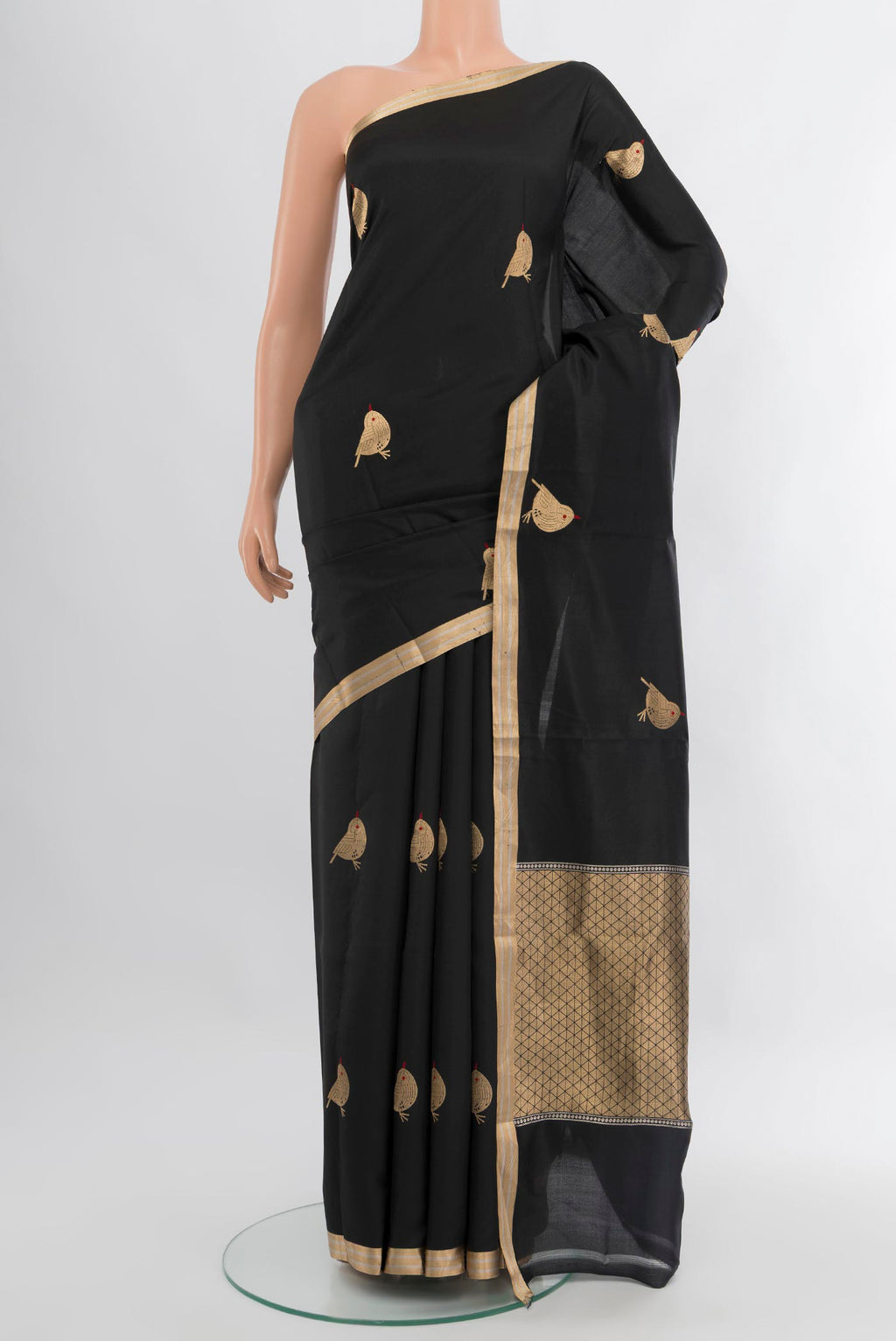 Black Banarasi Katan Silk Saree with Zari Butta on the body and Zari Border.  displayed on a mannequin