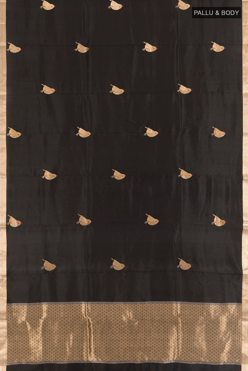 Flat view of Black Banarasi Katan Silk Saree with Zari Butta on the body and Zari Border. 