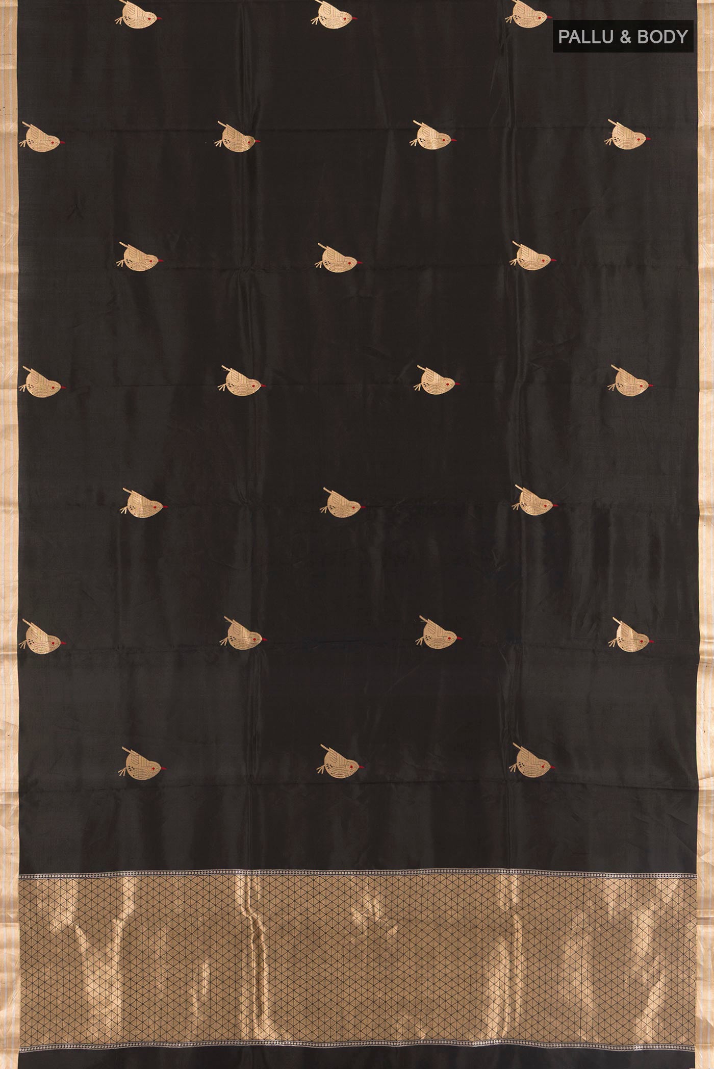 Flat view of Black Banarasi Katan Silk Saree with Zari Butta on the body and Zari Border. 