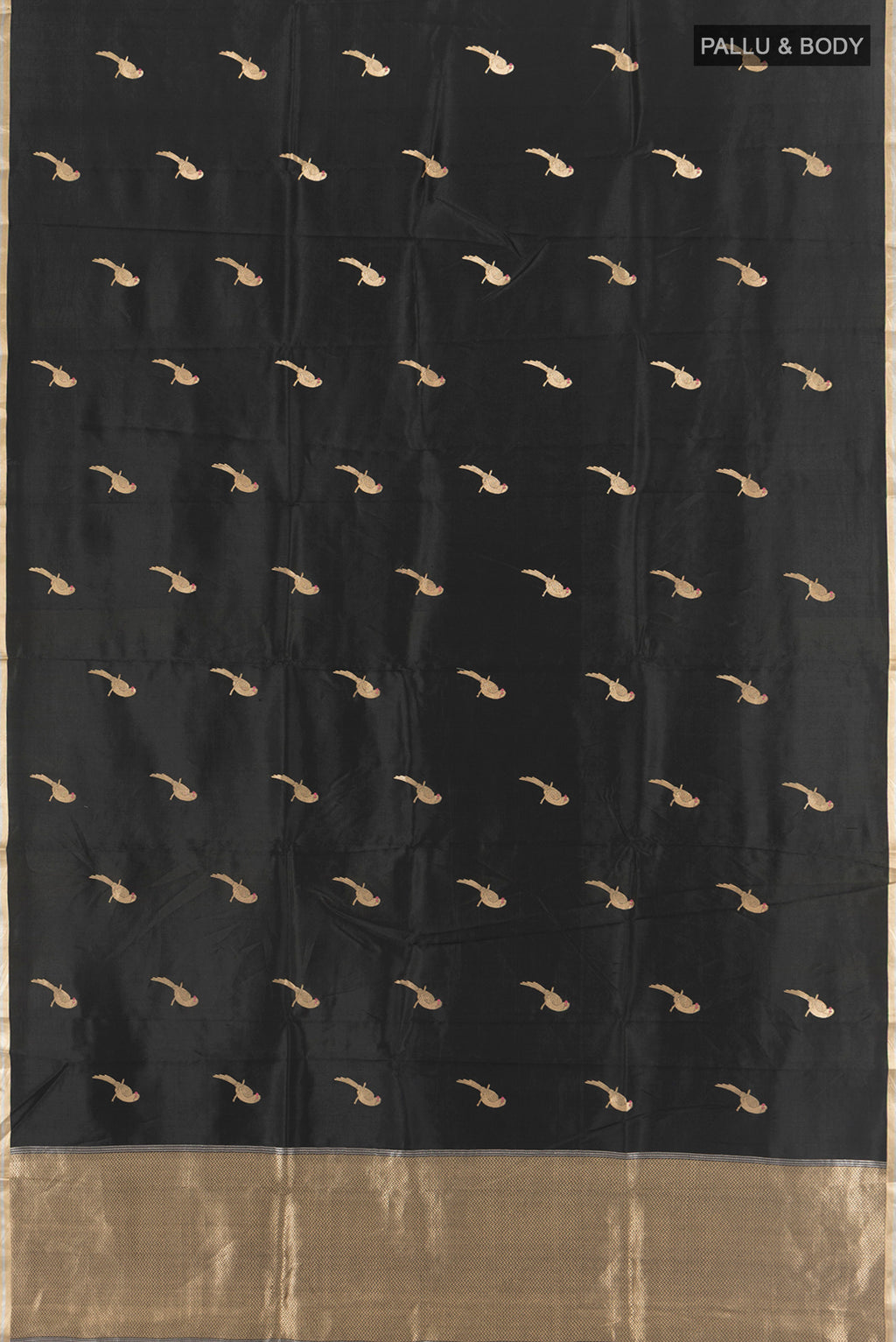 Flat view of Black Banarasi Katan Silk Saree with Zari Butta on the body and Silk Border. 