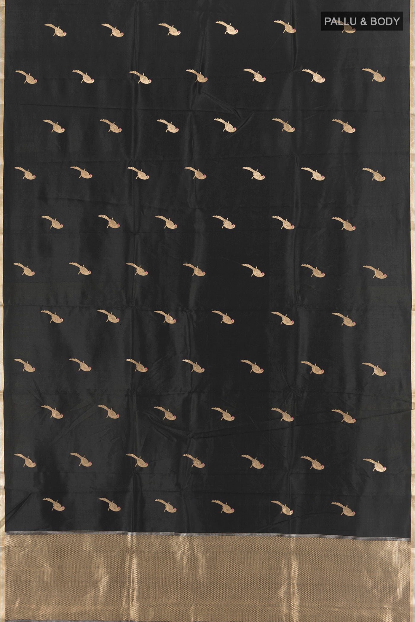 Flat view of Black Banarasi Katan Silk Saree with Zari Butta on the body and Silk Border. 