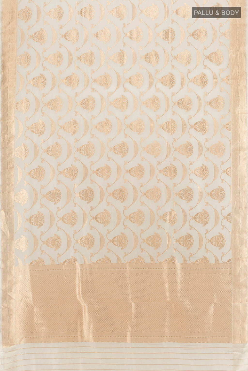 Flat view of Cream Banarasi Silk Saree with Zari Butta on the body and Zari Border. 