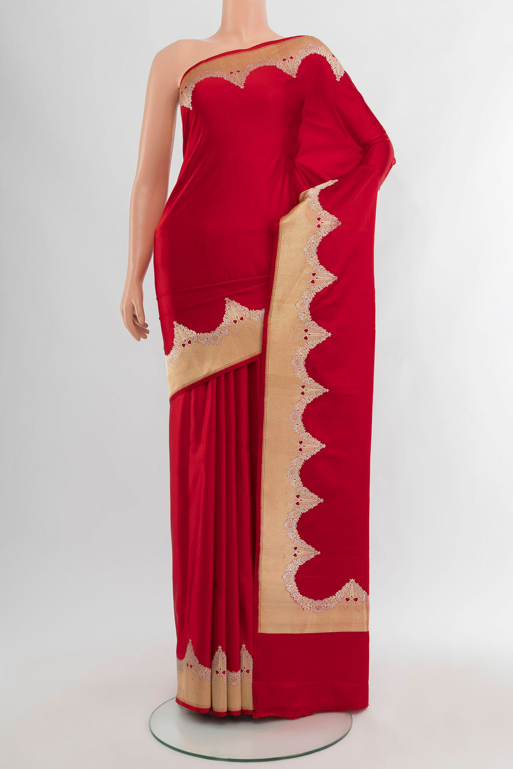 Red Banarasi Silk Saree with Plain Body and Fancy Border.  displayed on a mannequin