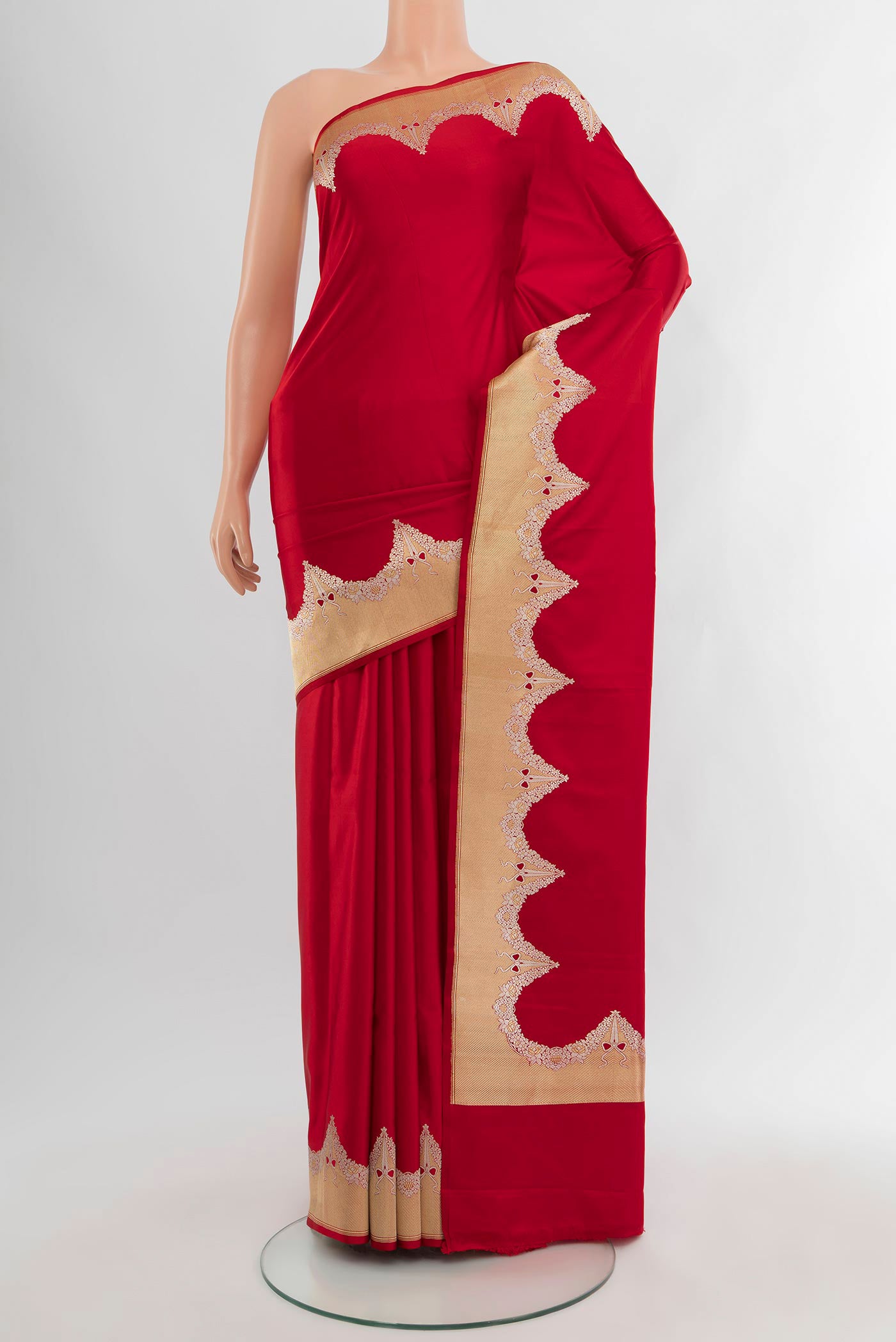 Red Banarasi Silk Saree with Plain Body and Fancy Border.  displayed on a mannequin