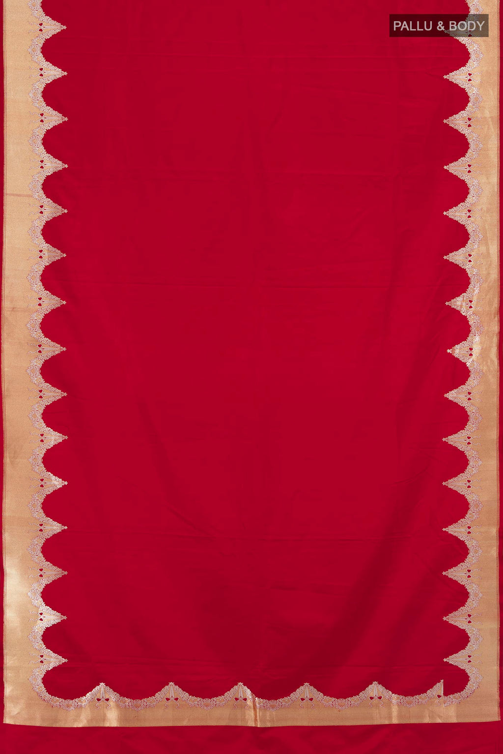 Flat view of Red Banarasi Silk Saree with Plain Body and Fancy Border. 