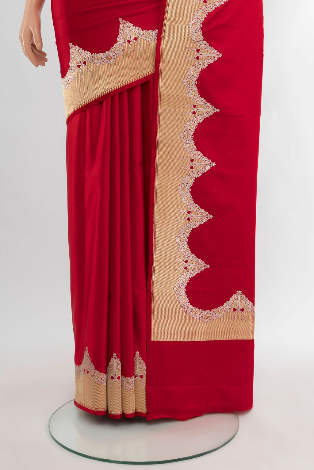 Pleats and pallu of Red Banarasi Silk Saree with Plain Body and Fancy Border. 