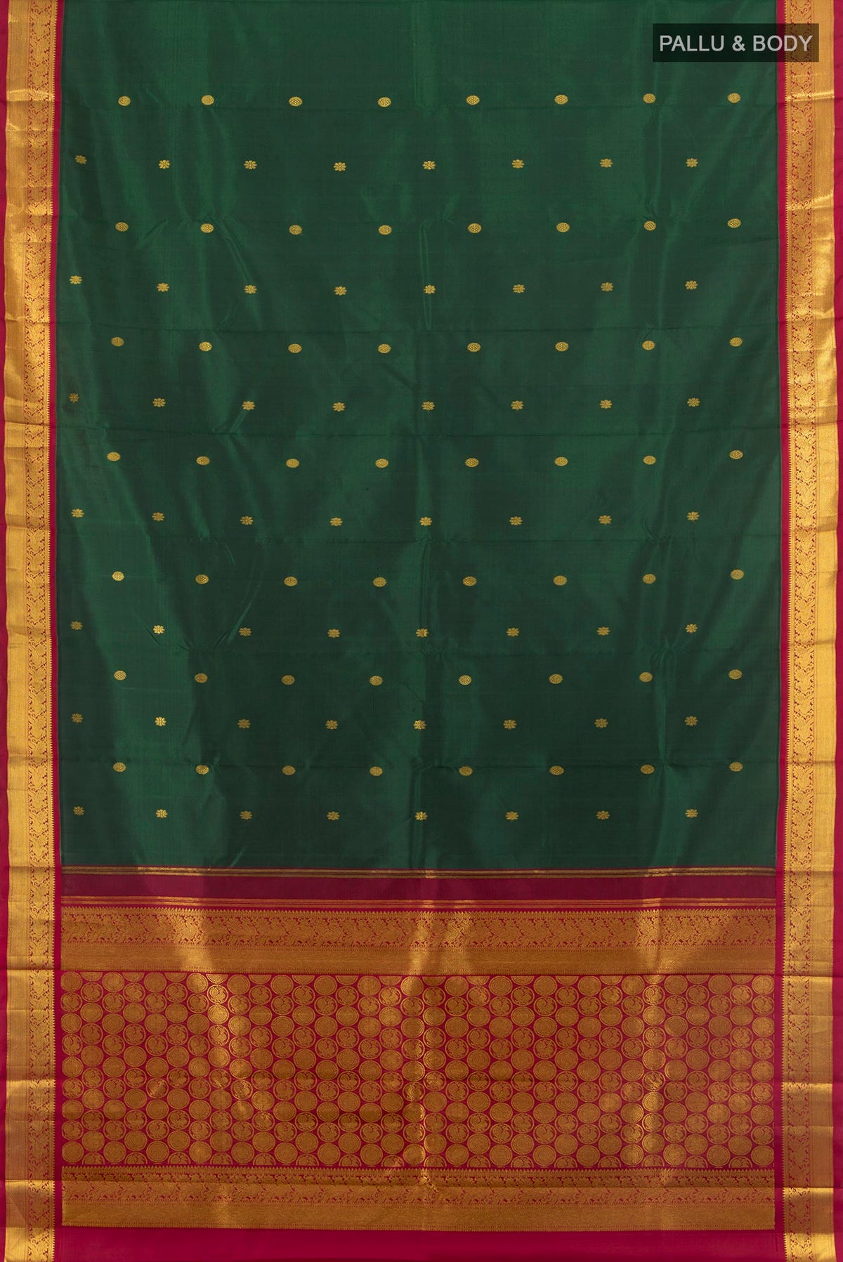 Flat view of Pure Silk Bottle Green Kanchipuram Saree with Zari Butta on the body and Zari Border. 