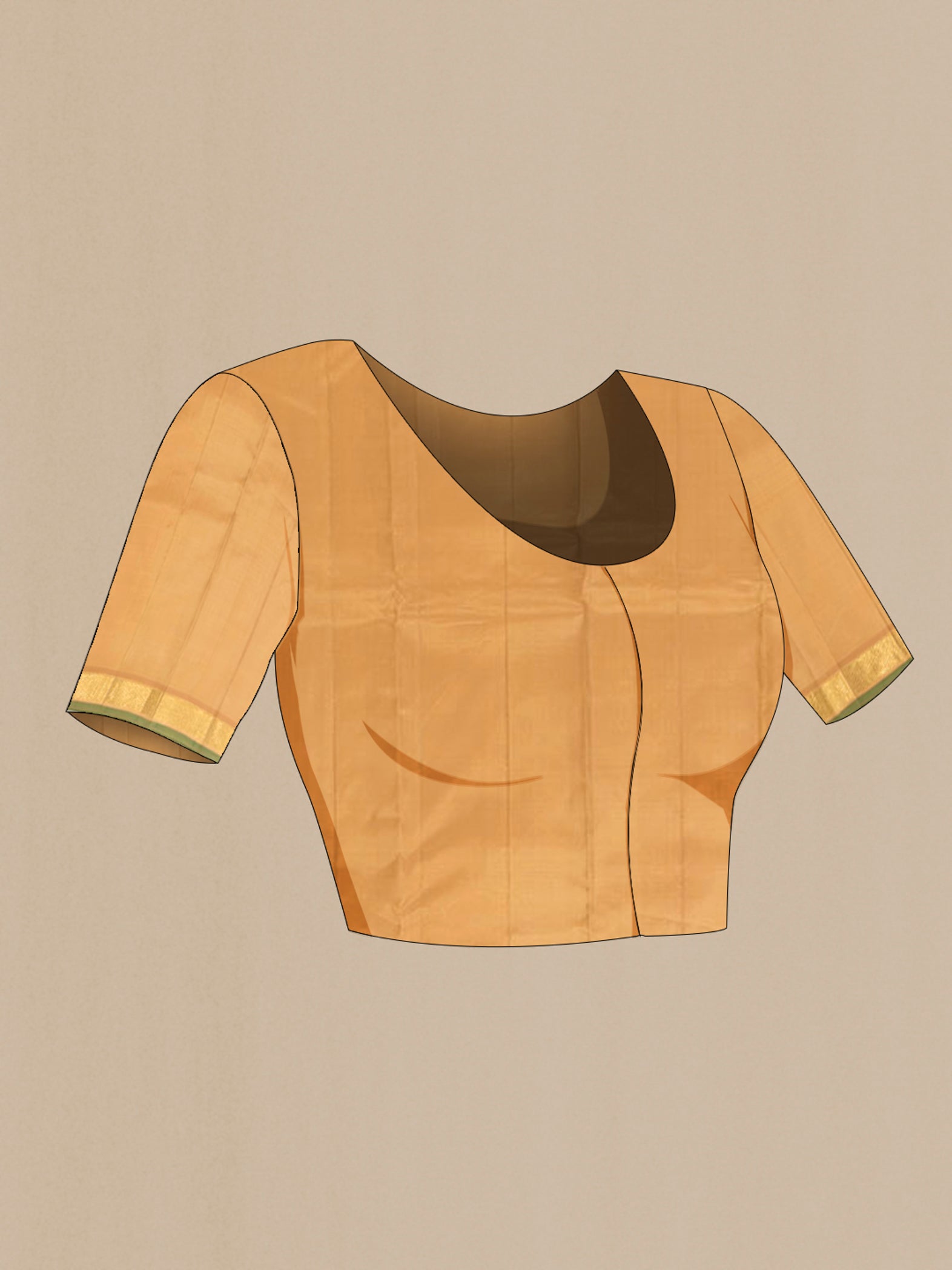 Close up image of the blouse of Pure Silk Pure Zari Sandal Kanjivaram Saree with Plain Body and Zari Border. 