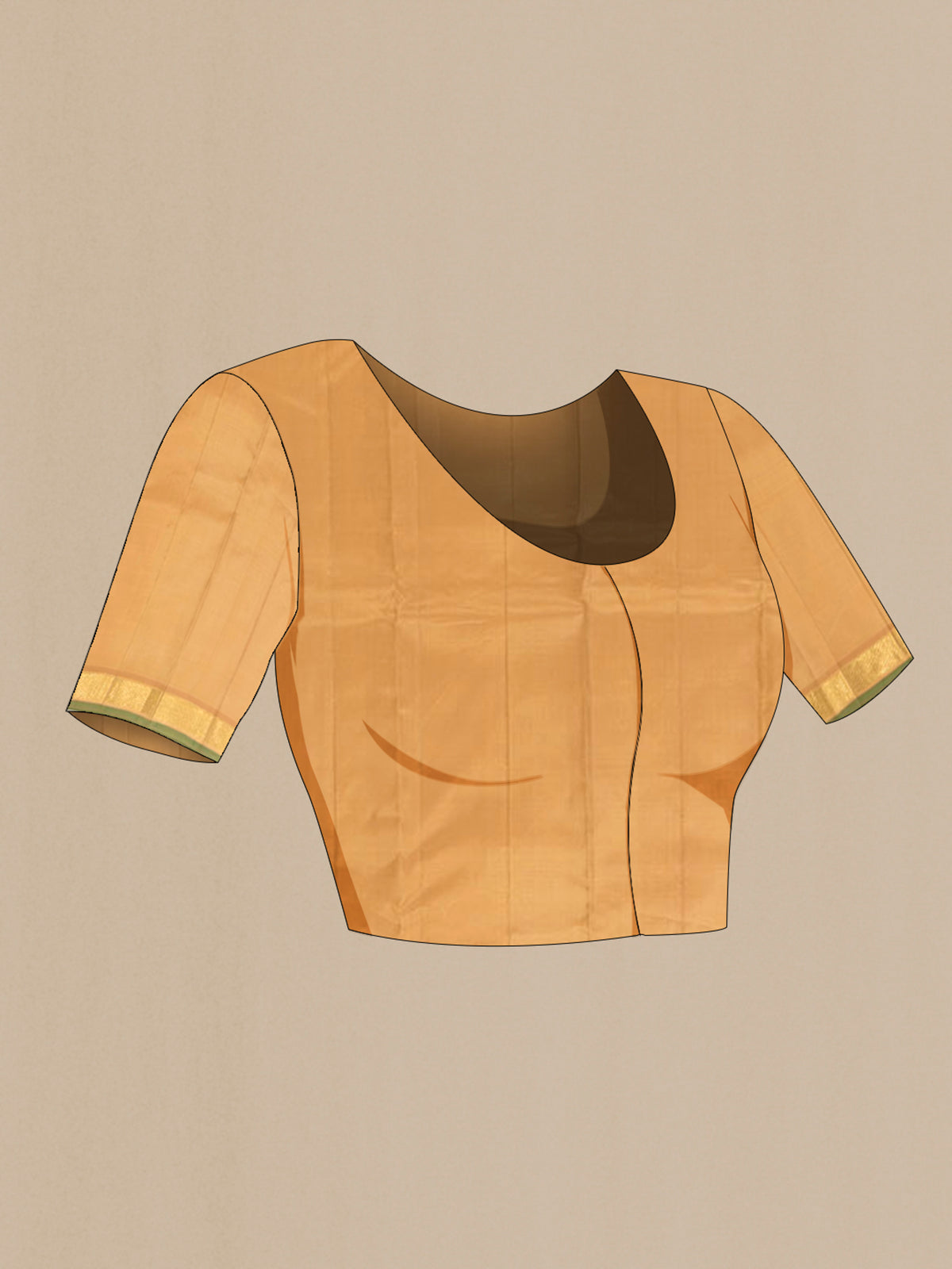 Close up image of the blouse of Pure Silk Pure Zari Sandal Kanjivaram Saree with Plain Body and Zari Border. 