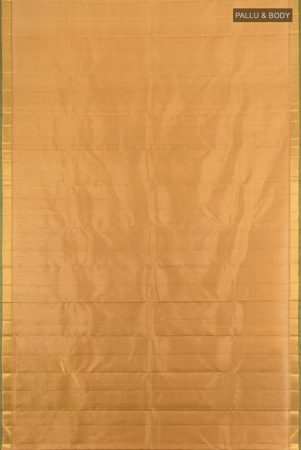 Flat view of Pure Silk Pure Zari Sandal Kanjivaram Saree with Plain Body and Zari Border. 