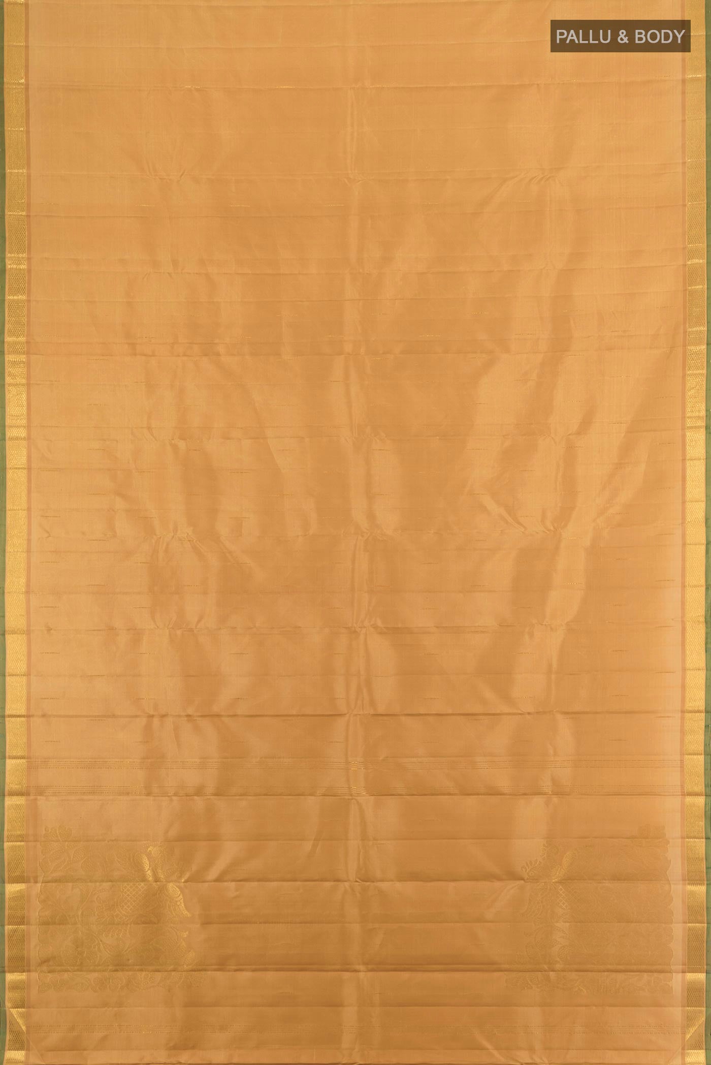 Flat view of Pure Silk Pure Zari Sandal Kanjivaram Saree with Plain Body and Zari Border. 
