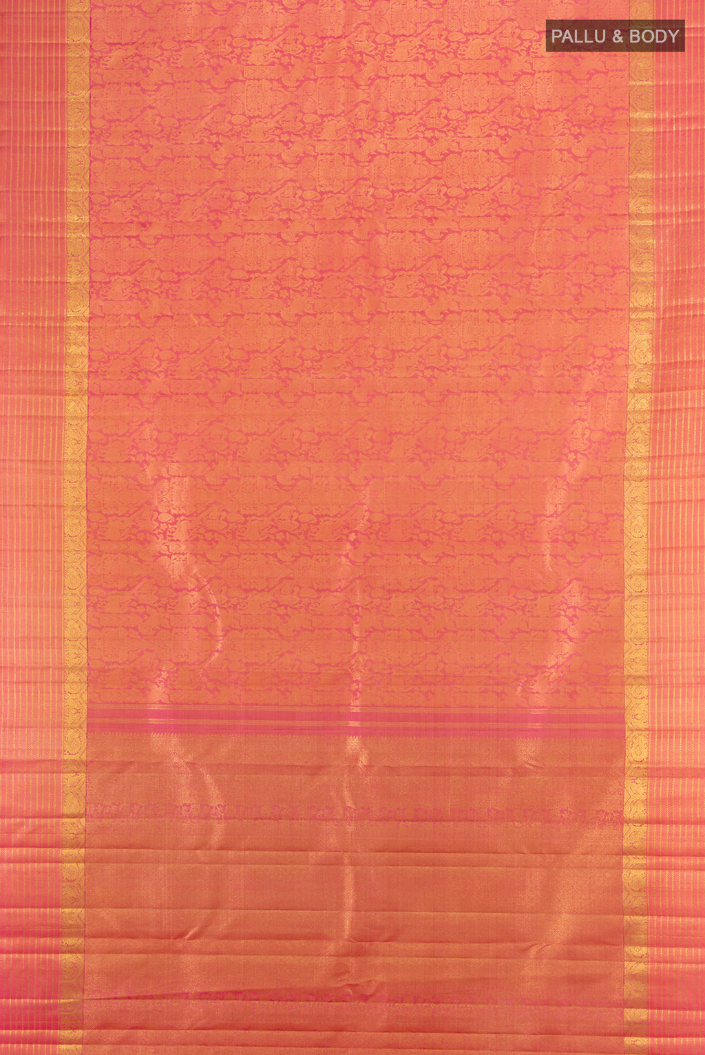 Flat view of Golden Peach Dual Tone Kanchipuram Silk Saree with Zari Brocade on the body and Zari Border. 